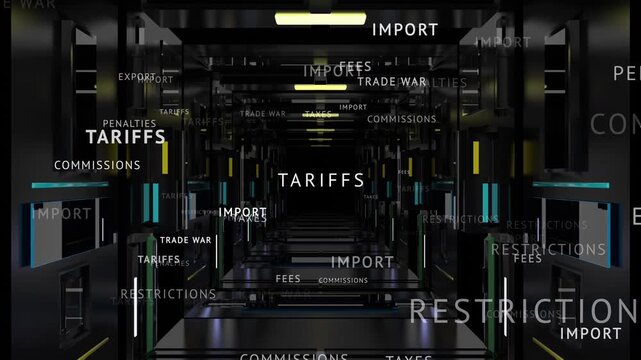 Tariffs 3D tunnel Trade war Fees Taxes Text fly zoom in