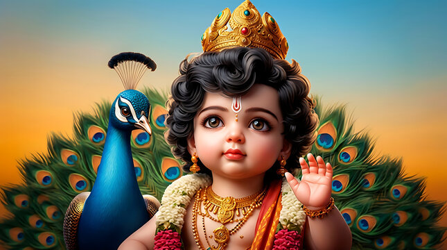 adorable child lord murugan known as bala murugan posing with a majestic peacock during the sacred tamil festival of thaipusam for spiritual grace