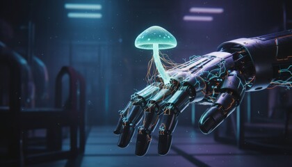 Futuristic Robotic Hand Holding a Glowing Bioluminescent Mushroom in a Dark Lab