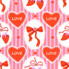 Seamless vintage pattern with hearts, bows and strawberries on a striped background. Playful romantic design in red and pink colors about love. Suitable for Valentine's Day, love theme