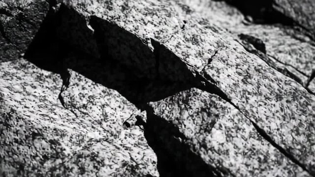 Monochrome close-up of a rough surface with deep cracks and shadows.