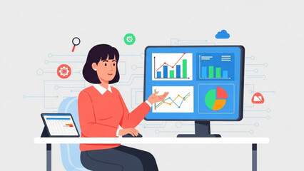 Businesswoman analyzing data on computer screen with graphs and charts in office setting with laptop