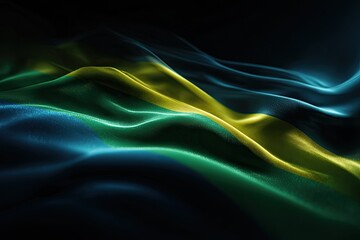 Close-up of flowing, textured fabric in shades of blue, green, and yellow against black