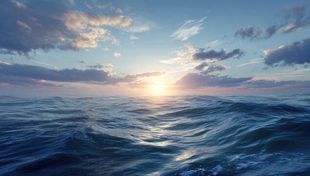 Beautiful ocean waves under a vibrant sunset with a partly cloudy sky