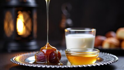 Close Up Honey Dripping on Date Fruit with Milk and Lantern Iftar Ramadan Still Life.