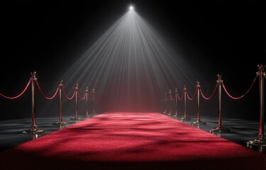 Red carpet pathway illuminated by a spotlight, flanked by ropes and stanchions, on black background