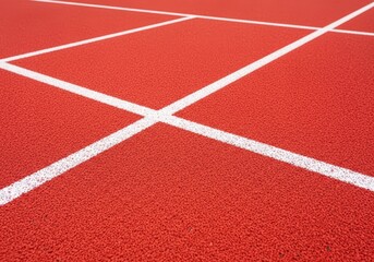Fototapeta premium Close up texture of red synthetic running track surface with painted white lane markings perfect for backgrounds, background, line, jogging