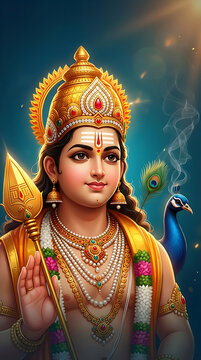 glowing portrait of lord murugan with a peacock and divine vel for religious celebration of thaipusam reflecting spiritual energy and ancient indian traditions