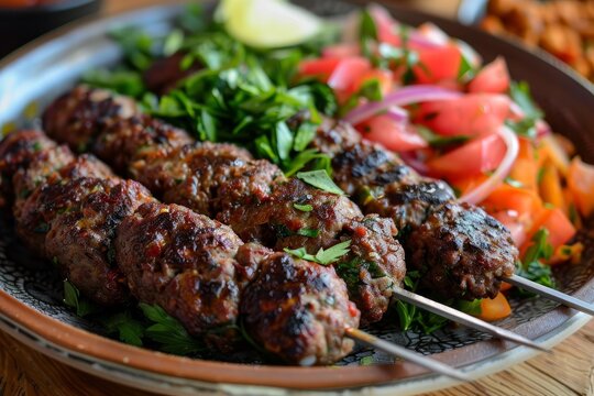 Grilled minced meat kebab, lula kebab, with fresh parsley and salad of tomato and onion, served on a rustic plate