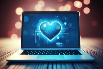Laptop showing a glowing blue heart representing online dating and digital connection