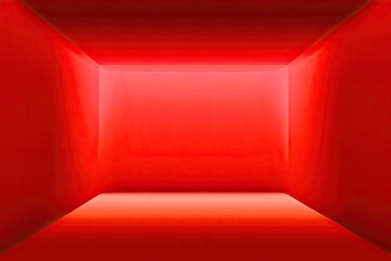 A vibrant, geometric red room with a recessed upper section creating depth