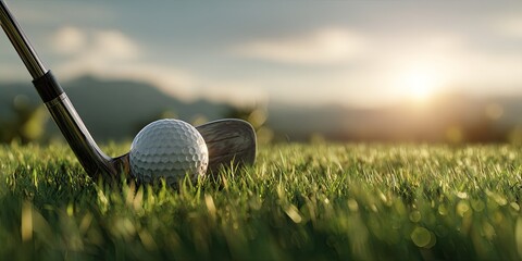 A golf ball ready to be hit with a club on green grass during sunset