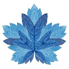 Stylized, detailed maple leaf in various shades of blue, intricate line art design on white background