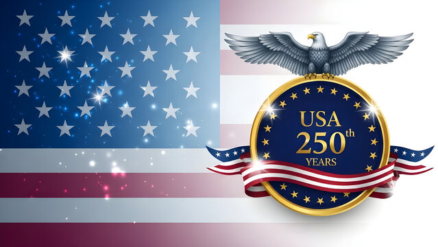 Usa 250 years anniversary celebration emblem with american flag background and majestic eagle illustration