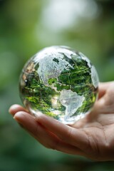 A clear glass sphere held in a hand, reflecting a lush green forest. Selective focus