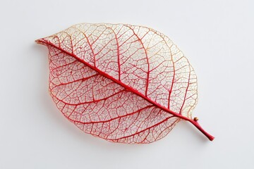 Delicate skeletal leaf displaying a network of red veins against a simple white backdrop