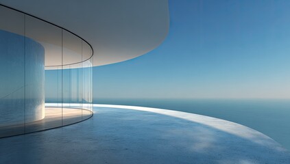 Modern architectural structure overlooking serene ocean horizon under a bright, cloudless sky