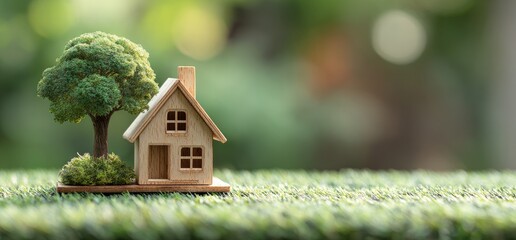 Miniature wooden house and tree sit on artificial turf, bokeh background, representing a green home