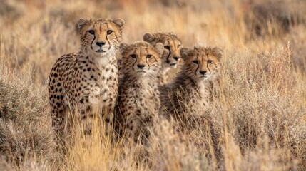 Naklejka premium Family of Cheetahs in Their Natural Habitat During Conservation Efforts