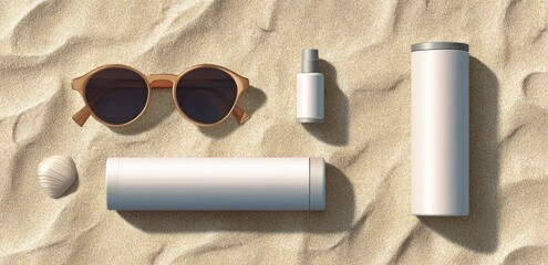 Beach scene with sunglasses, lotion tubes, a spray bottle, and seashell on a sandy surface