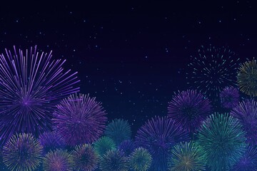 Festive night sky illustration with colorful fireworks bursts, dark blue backdrop, and scattered stars