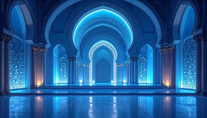 Ornate, echoing hall with illuminated arches and columns reflecting on a glossy floor, awash in a surreal blue glow