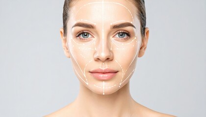A woman with a face made of lines and dots. Lifting lines, advertising of face contour correction, female face skin lifting. Facial rejuvenation concept, cosmetology