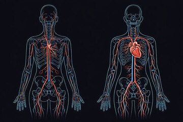 Woman anatomy cardiovascular system with skeleton, rear and front views.X rays line icon.