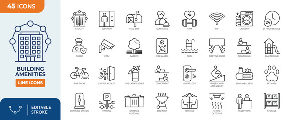 Naklejka na ściany i meble Building Amenities line editable icon set. Containing Building, Facilities, elevator, security, reception, parking, gym and more. Editable stroke. Vector Illustration