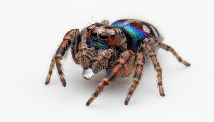 Fototapeta premium Detailed macro portrait of a colorful jumping spider on a white surface