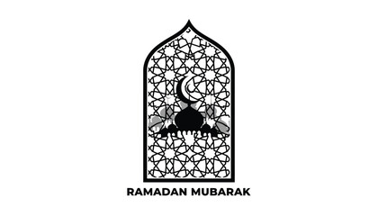 Obraz premium Ramadan Mubarak greeting card with crescent moon and lantern in islamic geometric pattern in black and white for religious greeting