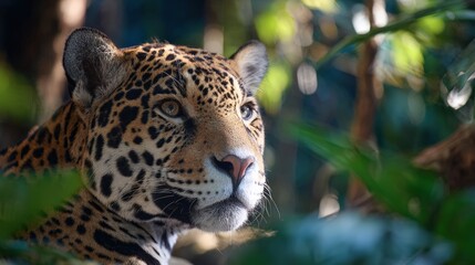 Obraz premium Jaguar Calmly Observing Its Surroundings in Lush Wildlife Habitat