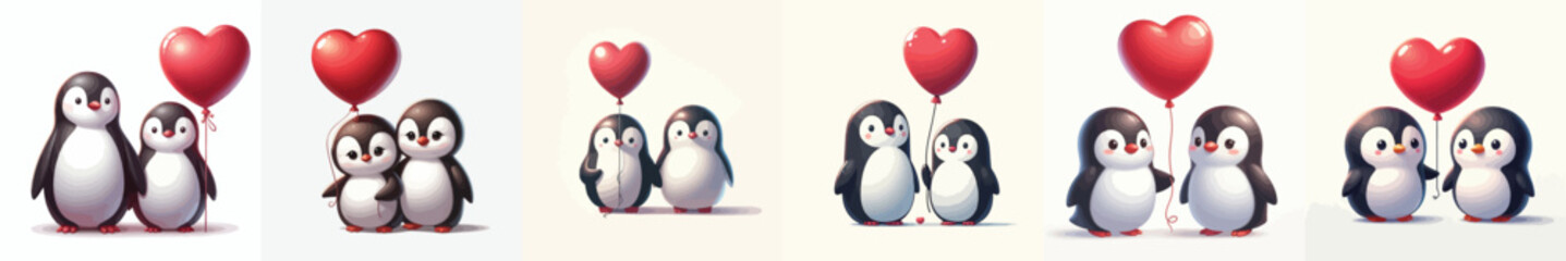 Fototapeta premium Vector penguin couple standing with heart balloons. Valentine's Day. Vector, minimalist, illustration, icon set.