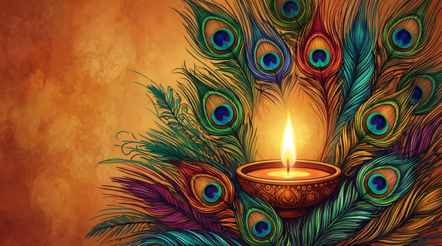 artistic illustration of glowing oil lamp surrounded by vibrant peacock feathers on orange texture background for hindu festival thaipusam worship of god murugan