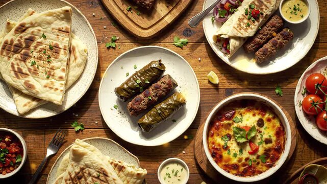 Overhead shot of a delicious Middle Eastern feast with various dishes on a wooden table.