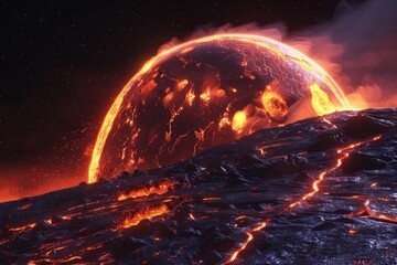 Fototapeta premium Molten planet rising over volcanic landscape, creating a dramatic and fiery scene