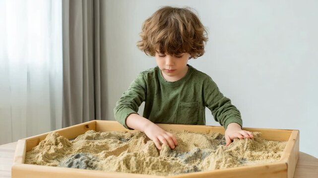 Child playing with sand in indoor sandbox for sensory therapy or creative learning and motor skills activity
