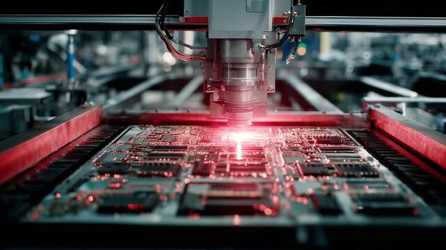 Red laser engraving microchip circuit board in high precision robotic system at electronics factory
