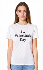Fototapeta premium Caucasian woman smiling, wearing white t-shirt with St Valentines Day text, expressing happiness, love, celebration, positive emotion, connection, affection, cheerful mood, festive spirit.