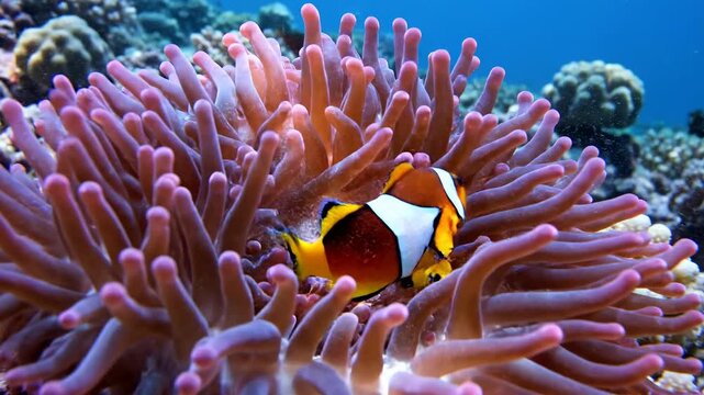 Clark's anemonefish swimming in a sea anemone on a coral reef