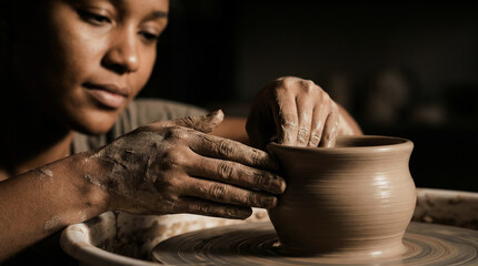 Close up of Black female potter shaping clay on pottery wheel