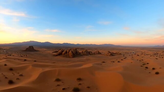 Colorful hot air balloon soars over the vast desert landscape at sunrise.