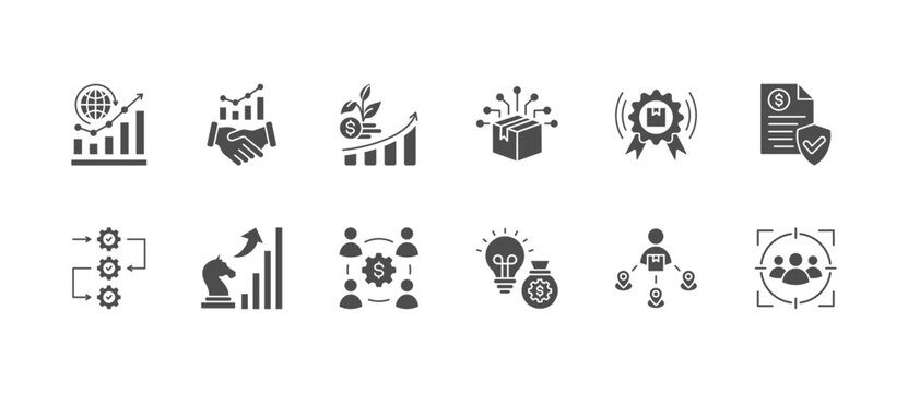 Business Model Stroke icon collections. Containing Partnership, Marketing, Process, Business, Retail, Growth, BMC, Business policy, and Business Strategy icons. Stroke icon collection Glyph icon