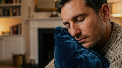Obraz premium Close up of man sleeping peacefully on blue velvet pillow