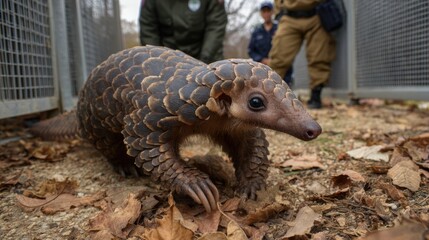 Obraz premium Pangolin Walking Freely in Conservation Area with Law Enforcement Presence