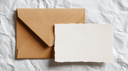 A recycled kraft paper envelope and white card with blank and empty space for custom text. The background is crumpled white paper with subtle wrinkles.