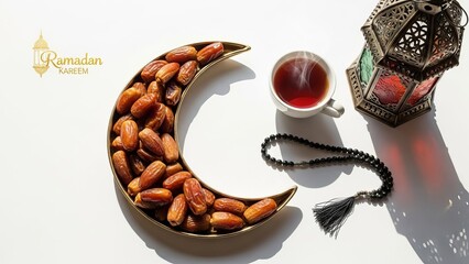 Ramadan Dates Crescent Moon Tea Rosary Lantern White Background Ramadan Kareem.