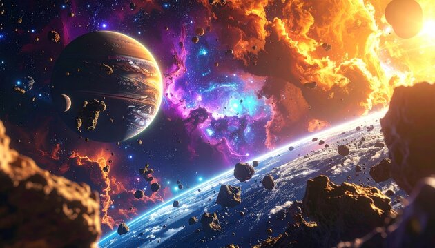 Vibrant Cosmic Nebula with Planets and Asteroids in Deep Space.