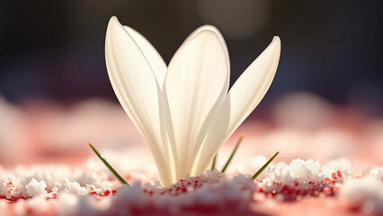 A beautiful purple and white spring crocus flower blossoms in a sunny garden, showcasing vibrant petals and natural flora beauty during the blooming Easter season