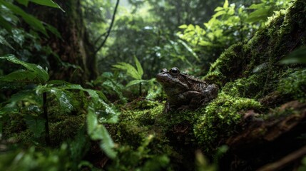 Fototapeta premium Frog in Lush Jungle Environment with Rich Greenery and Vivid Detail